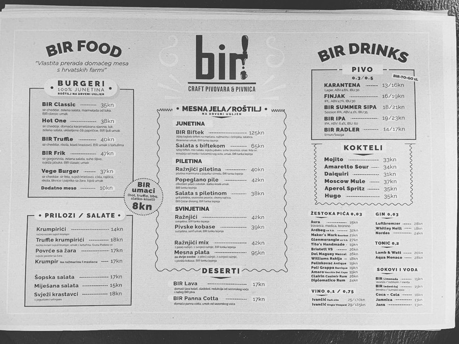 BIR pivovara menu